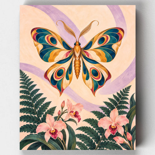 The Amber Moth paint by numbers kit with an amber and teal moth above ferns and pink orchids