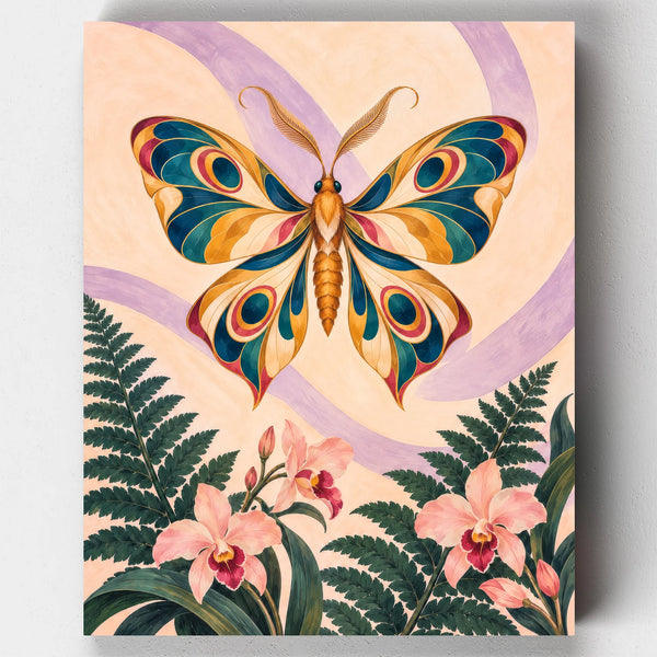 The Amber Moth paint by numbers kit with an amber and teal moth above ferns and pink orchids