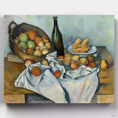The Basket of Apples (1893). Embark on a post-impressionist adventure with 'The Basket of Apples' still-life paint by numbers kit. Experience Cézanne's revolutionary perspective in art.