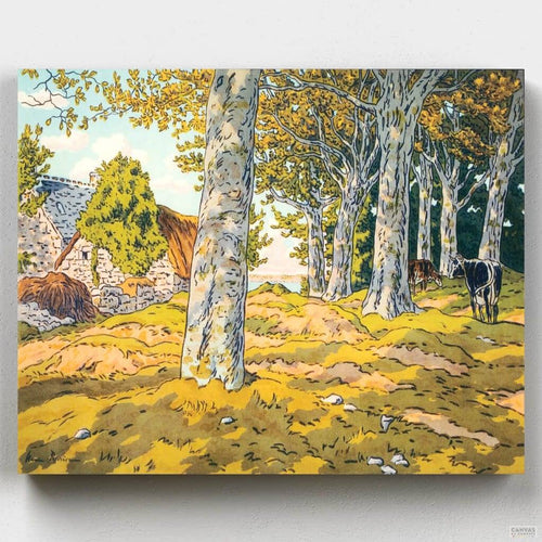 The Beech Woods at Kerzardem. Enjoy this forest paint by number scene influenced by Japanese artwork from the 19th century. Henri Rivière brings you this stunning piece at CBN.