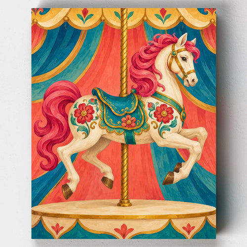 The Carousel Horse paint by numbers kit with a white carousel horse with a pink mane and painted saddle