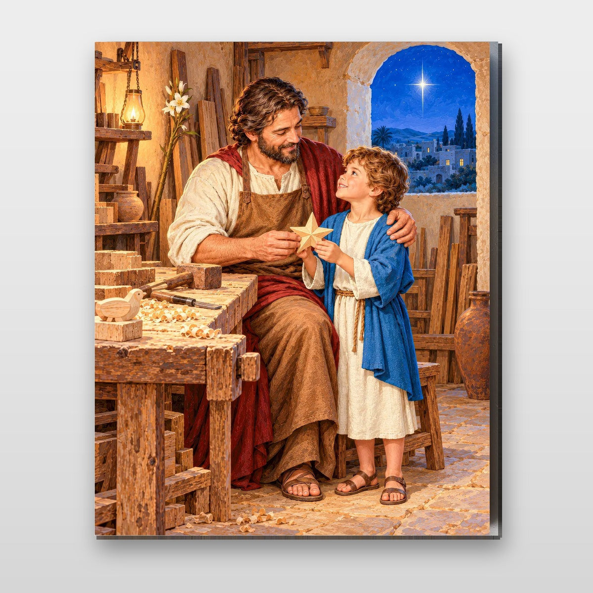 The Carpenter's Star. Joseph hands young Jesus a carved wooden star in a warm carpentry workshop in this religious Christmas paint by numbers kit.
