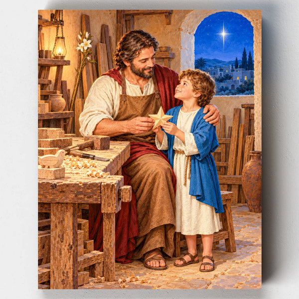 The Carpenter's Star. Joseph hands young Jesus a carved wooden star in a warm carpentry workshop in this religious Christmas paint by numbers kit.