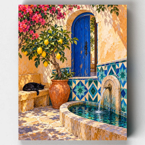 The Cobalt Courtyard paint by numbers kit with a blue door, lemon tree, tiled fountain and a black cat