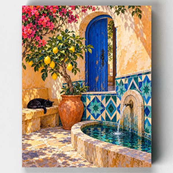 The Cobalt Courtyard paint by numbers kit with a blue door, lemon tree, tiled fountain and a black cat
