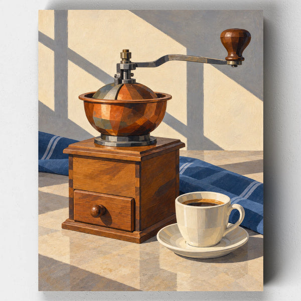 The Copper Coffee Mill paint by numbers kit with an antique coffee grinder and a cup of coffee in sunlight