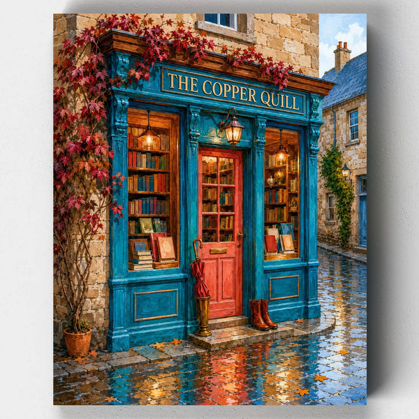 The Copper Quill bookshop storefront on a rainy autumn street, paint by numbers kit