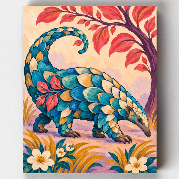 The Coral Pangolin paint by numbers kit with a patterned pangolin under a tree with coral leaves