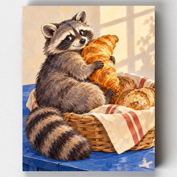 The Croissant Bandit paint by numbers kit with a raccoon holding croissants beside a bread basket