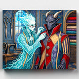 The Demon's Tailor. A ghostly seamstress fits a horned demon for his finest coat in this richly detailed gothic Halloween paint by numbers kit.
