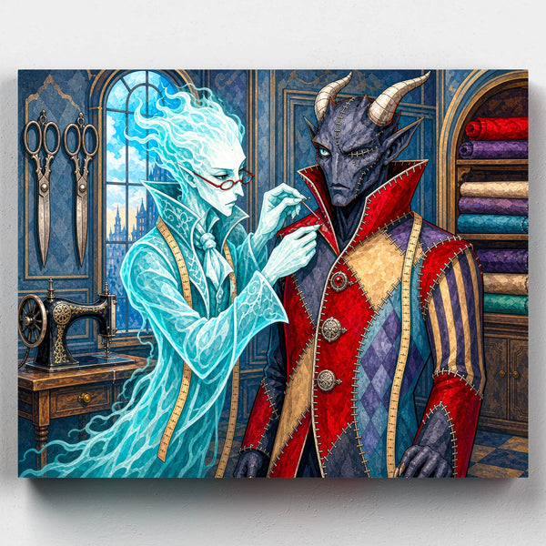 The Demon's Tailor. A ghostly seamstress fits a horned demon for his finest coat in this richly detailed gothic Halloween paint by numbers kit.