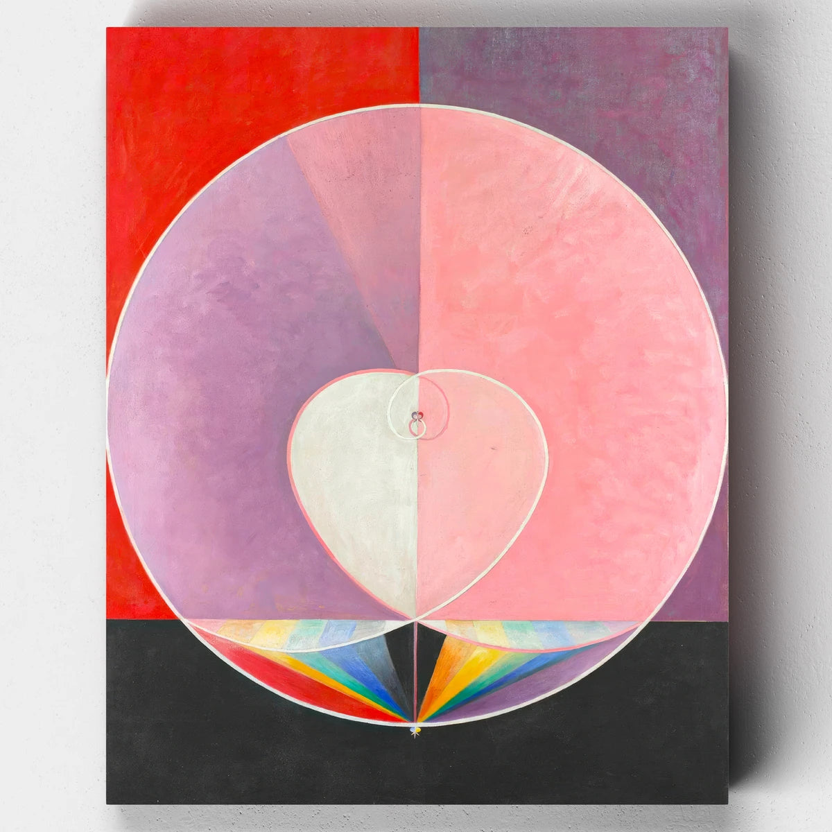 Abstract art piece with geometric shapes and a rainbow on a red background