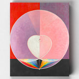 Abstract art piece with geometric shapes and a rainbow on a red background