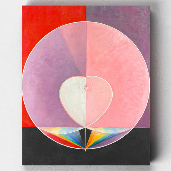 Abstract art piece with geometric shapes and a rainbow on a red background