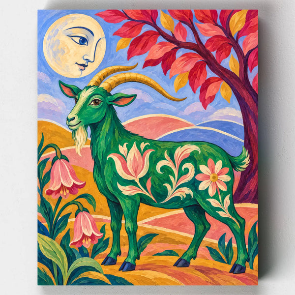 The Emerald Goat paint by numbers kit with a green folk art goat under a red tree and a moon