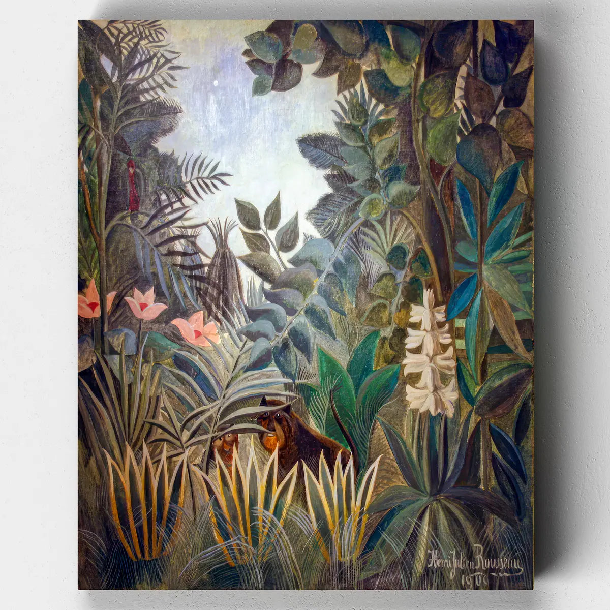 Canvas print of a tropical forest scene with leaves and flowers on a white background