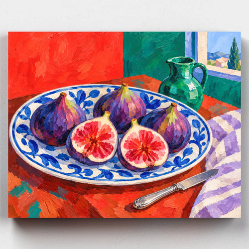 The Fig Feast paint by numbers kit with ripe figs on a blue and white plate on a red tablecloth