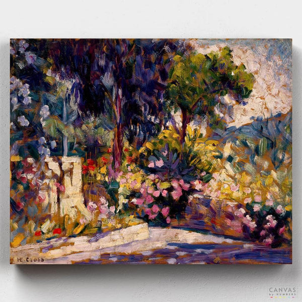 The Flowered Terrace - Paint by Numbers - "The Flowered Terrace," painted around 1905, showcases Henri Edmond Cross's masterful use of color and light. The painting depicts a lush terrace adorned with vibrant flowers, capturing the essence of a sunny Mediterranean day - Canvas by Numbers