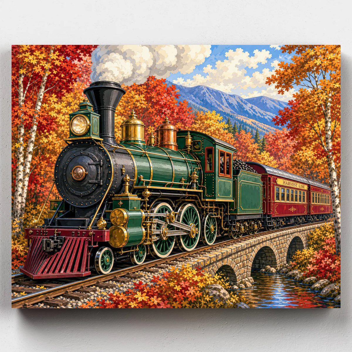 Vintage steam locomotive paint by numbers kit crossing a stone bridge through fall foliage