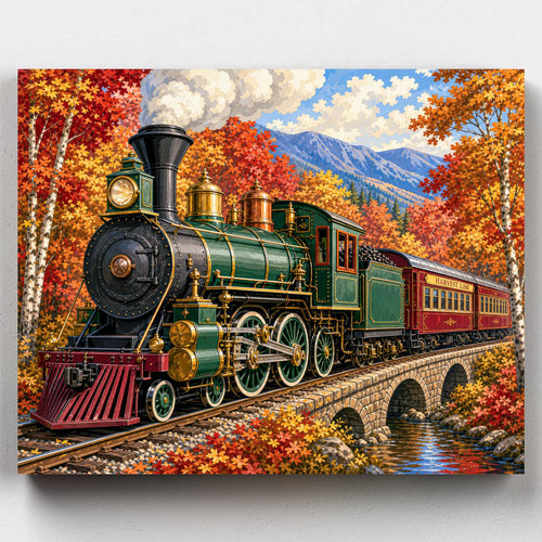 Vintage steam locomotive paint by numbers kit crossing a stone bridge through fall foliage