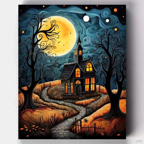 The Haunted House. Paint a moonlit mansion, twisted trees, and a starry sky with Canvas by Numbers' The Haunted House paint by numbers kit. Perfect for Halloween decor.