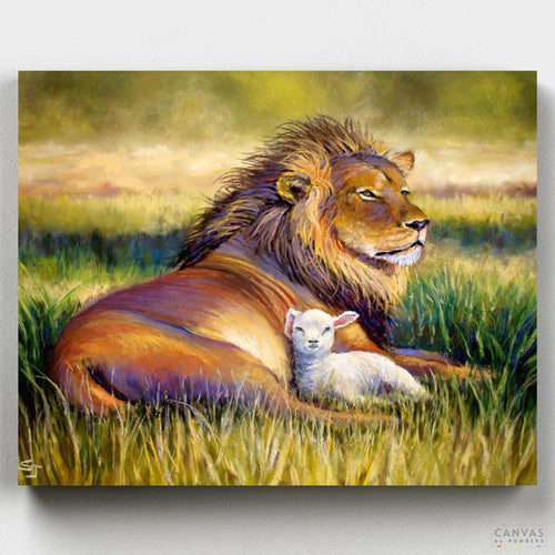 The Kingdom of Heaven. A breathtaking paint by number depicts a lamb and a lion lying on a pasture. Enjoy a creative experience with our premium canvases. Only at CBN.