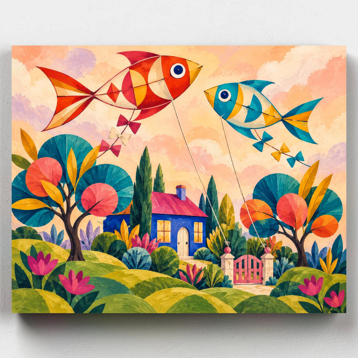 The Kite Orchard paint by numbers kit with fish shaped kites over stylized orchard trees and a blue cottage