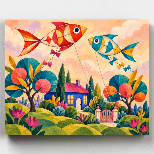 The Kite Orchard paint by numbers kit with fish shaped kites over stylized orchard trees and a blue cottage