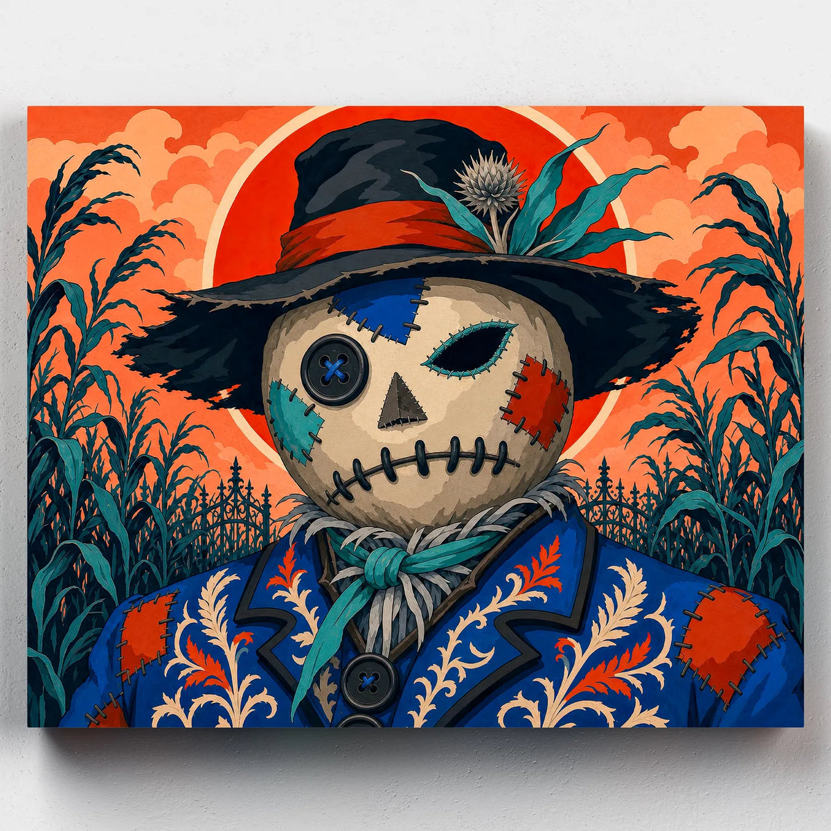 The Last Harvest. A patchwork scarecrow keeps watch over a cornfield at dusk in this autumn-toned Halloween paint by numbers kit.