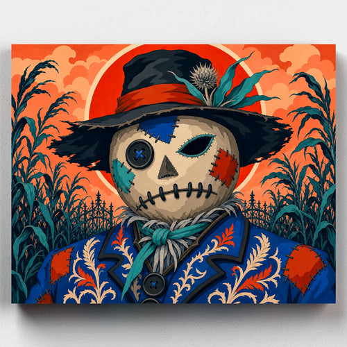 The Last Harvest. A patchwork scarecrow keeps watch over a cornfield at dusk in this autumn-toned Halloween paint by numbers kit.