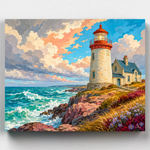 Red roofed lighthouse over crashing waves at sunset, coastal paint by numbers kit