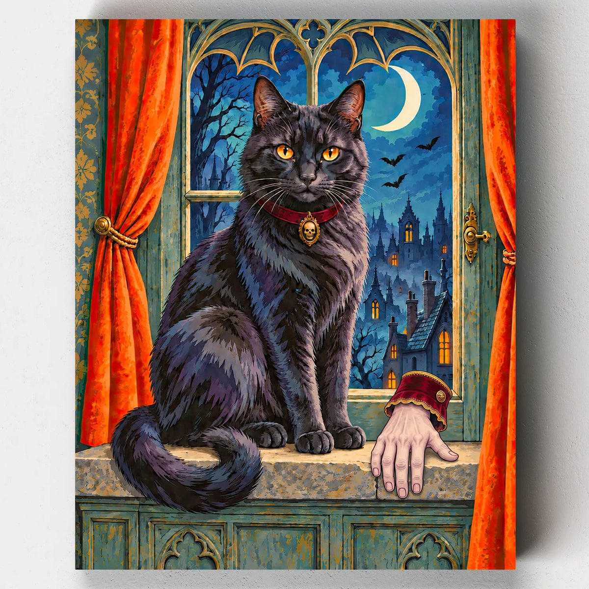 The Manor Cat. A black cat with amber eyes and a skull cameo collar sits in a gothic window under a crescent moon in this Halloween paint by numbers kit.