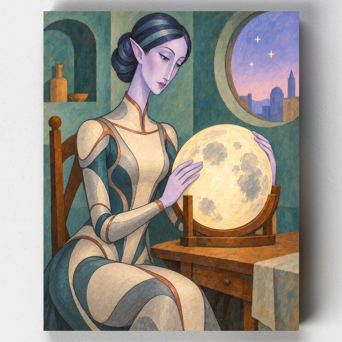 The Moonkeeper paint by numbers kit with an elven woman holding a glowing moon globe beside a starry window