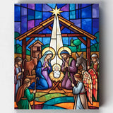 Stylized nativity scene with colorful stained glass effect on a white background