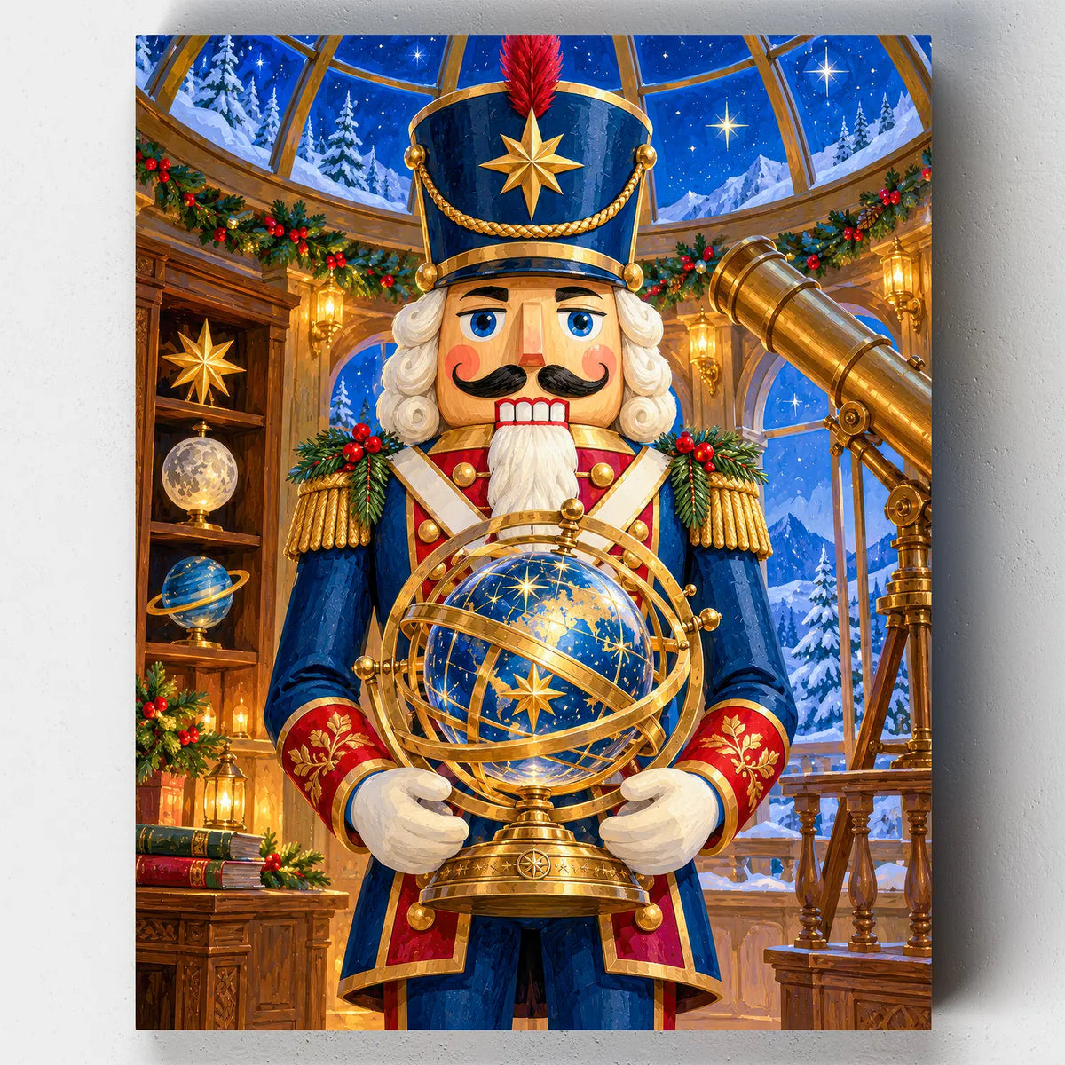 The Nutcracker Observatory. A nutcracker soldier holds a golden celestial sphere in a festive observatory in this Christmas paint by numbers kit.