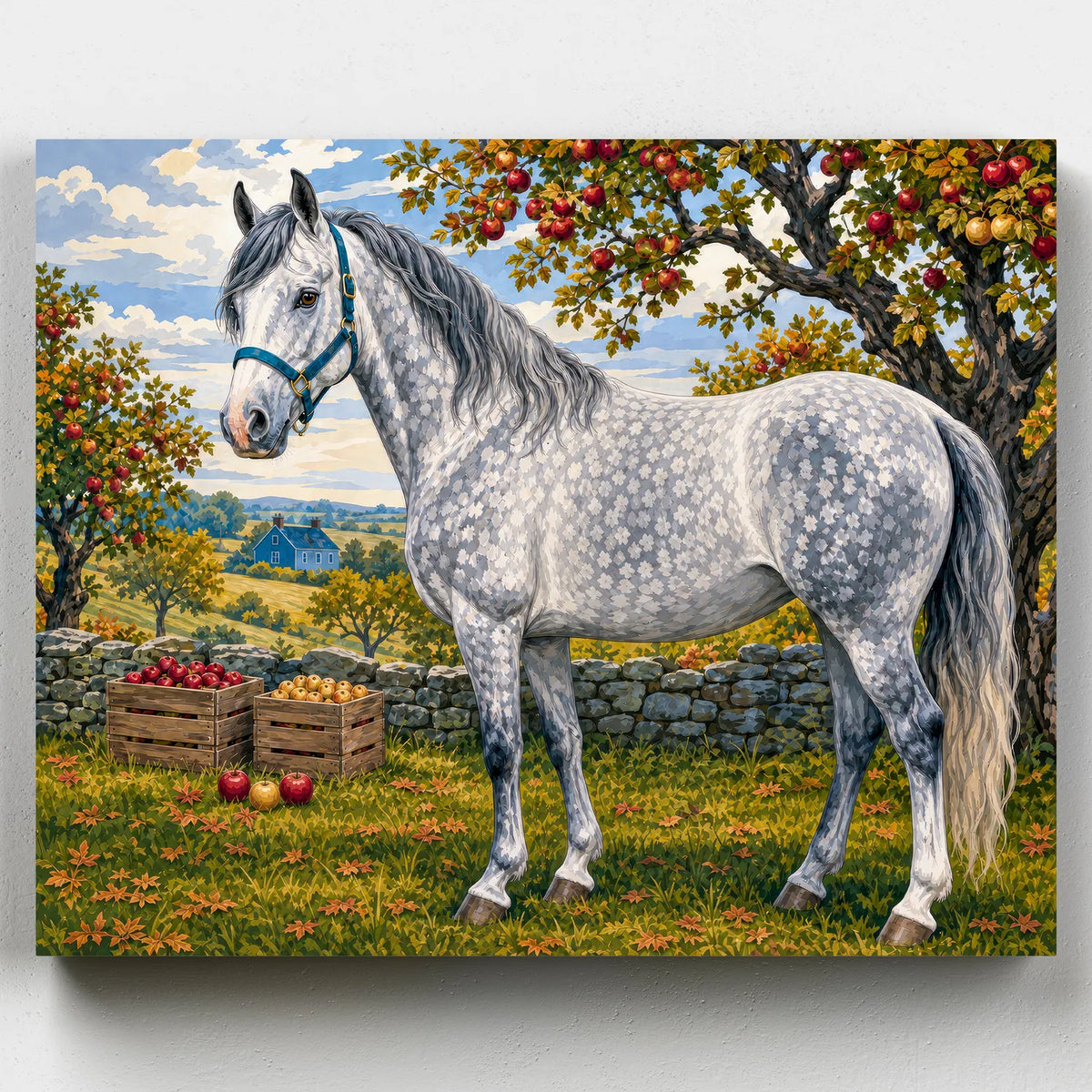 Dappled grey horse in an apple orchard paint by numbers kit with crates of freshly picked apples