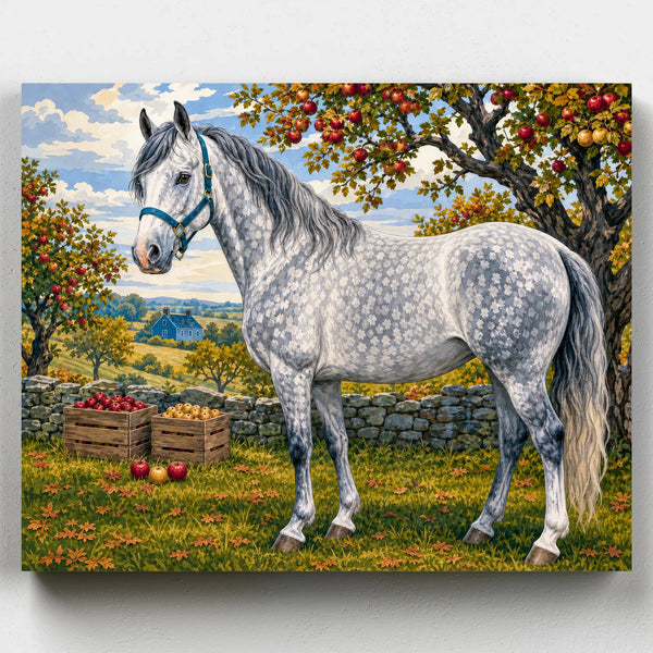Dappled grey horse in an apple orchard paint by numbers kit with crates of freshly picked apples