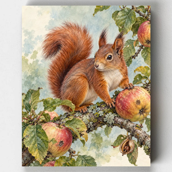 The Orchard Visitor paint by numbers kit with a red squirrel holding an apple on a mossy apple tree branch