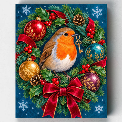 The Ornament Keeper. A robin with a golden key sits in a Christmas wreath with ornaments in this beginner paint by numbers kit.