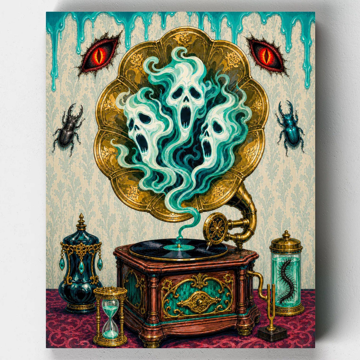 The Phantom Gramophone. An antique brass gramophone plays ghostly skull-shaped smoke into the air in this Victorian curiosities Halloween paint by numbers kit.
