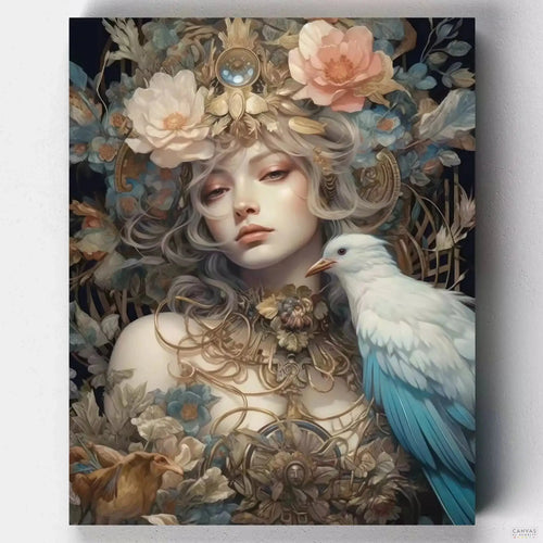 The Queen of Feathers. Experience the beauty and fantasy of "The Queen of Feathers" with our unique Paint by Numbers kit. Create your own portrait of an ethereal avian goddess.
