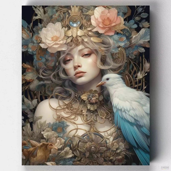 The Queen of Feathers - Woman Painting by Numbers Kit - Experience the beauty and fantasy of "The Queen of Feathers" with our unique Paint by Numbers kit. Create your own portrait of an ethereal avian goddess.-Canvas by Numbers