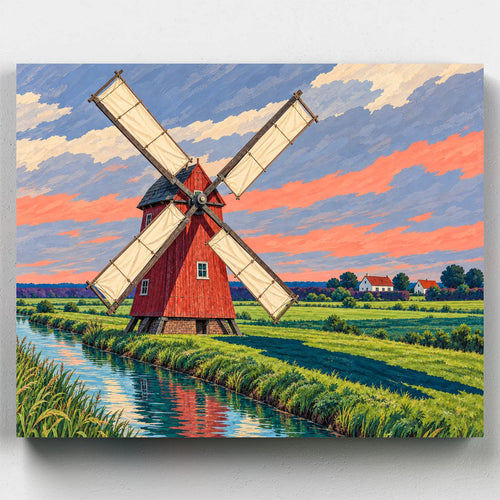 The Scarlet Windmill paint by numbers kit with a red Dutch windmill beside a canal at sunset