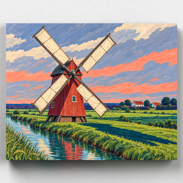 The Scarlet Windmill paint by numbers kit with a red Dutch windmill beside a canal at sunset