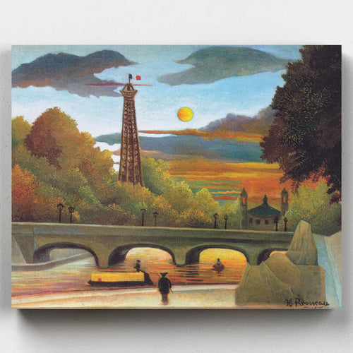 Painting of a scenic landscape with a tower, bridge, and sunset.