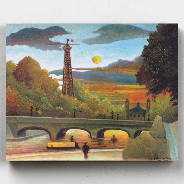 Painting of a scenic landscape with a tower, bridge, and sunset.