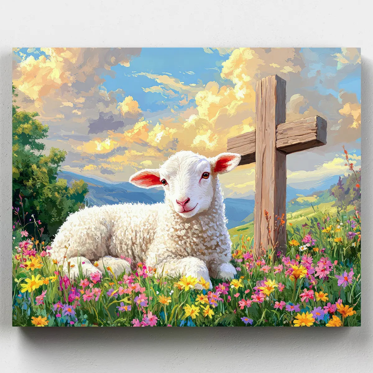 Painting of a lamb lying in a field with flowers and a wooden cross in the background.