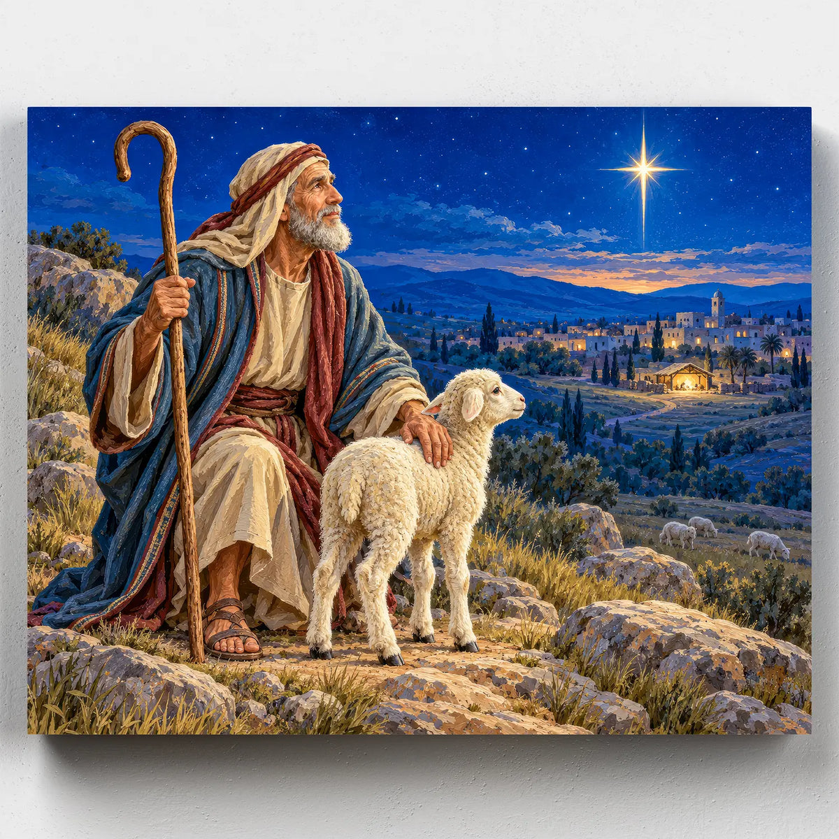 The Shepherd's Promise. A shepherd and lamb look down at Bethlehem under a bright star in this nativity paint by numbers kit.