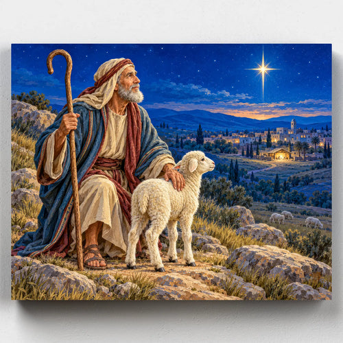 The Shepherd's Promise. A shepherd and lamb look down at Bethlehem under a bright star in this nativity paint by numbers kit.
