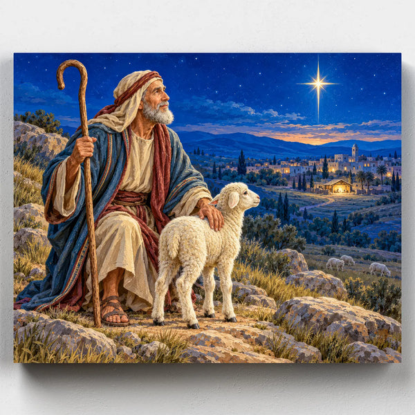 The Shepherd's Promise. A shepherd and lamb look down at Bethlehem under a bright star in this nativity paint by numbers kit.